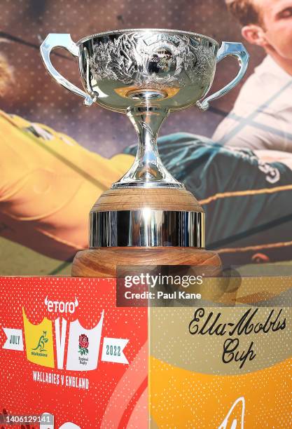 The Ella-Mobbs Cup is seen on display during a media opportunity ahead of the Wallabies v England Test series, at Forrest Place on July 01, 2022 in...