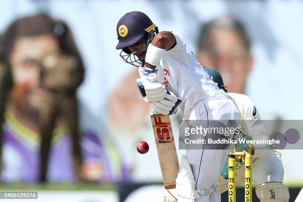Pathum Nissanka of Sri Lanka batduring day three of the First Test in the series between Sri Lanka and Australia at Galle International Stadium on...