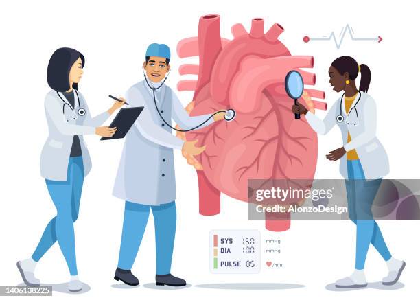 ilustraciones, imágenes clip art, dibujos animados e iconos de stock de los médicos verifican la salud del órgano cardíaco. examen médico del corazón. - doctor listener
