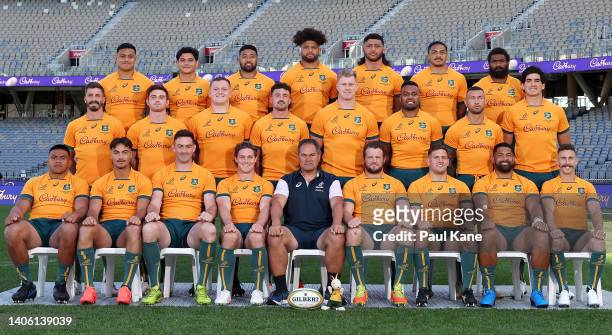 The Wallabies team pose for a team photograph during the Australian Wallabies captain's run at Optus Stadium on July 01, 2022 in Perth, Australia.