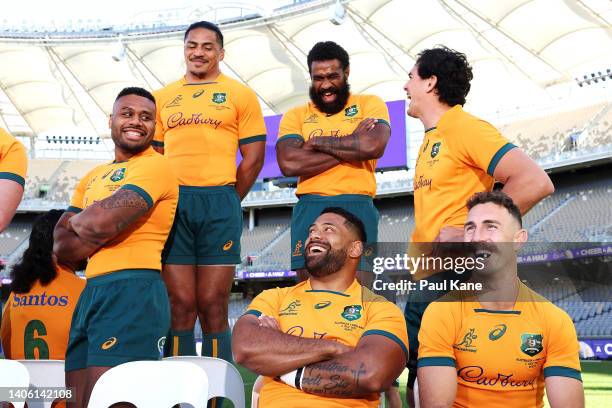 Samu Kerevi, Pete Samu, Marika Koroibete, Scott Sio, Darcy Swain and Nic White share a laugh as they prepare for the Wallabies team photograph during...