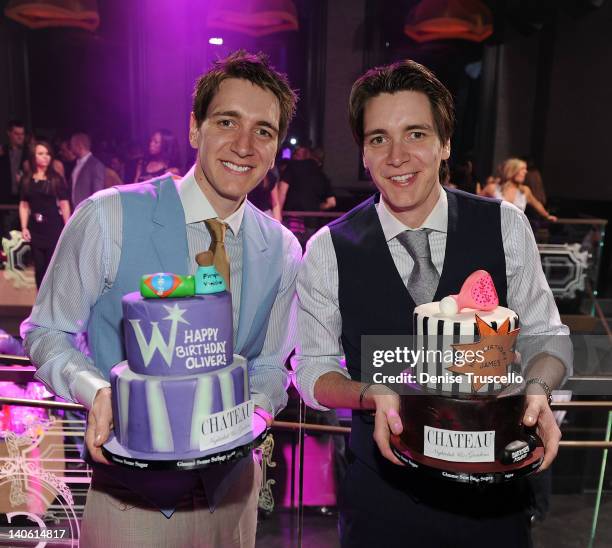 Oliver Phelps and James Phelps celebrate their birthday at Chateau Nightclub & gardens at Paris Las Vegas on March 2, 2012 in Las Vegas, Nevada.