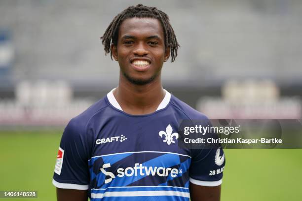 John Peter Sesay of SV Darmstadt 98 poses during the team presentation at Merck-Stadion am Böllenfalltor on June 29, 2022 in Darmstadt, Germany.