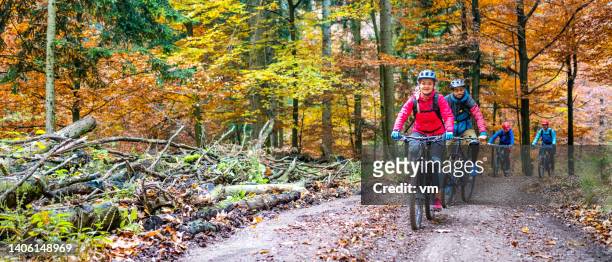 group of friends enjoying exercise in fresh air - bicycle trail outdoor sports stockfoto's en -beelden