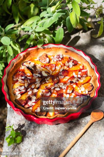 summer tart with figs and peaches on the garden table - puff pastry stock pictures, royalty-free photos & images