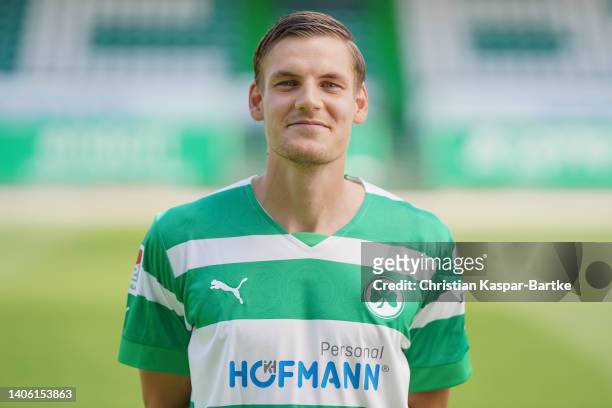 Max Christiansen of SpVgg Greuther Fürth poses during the team presentation at Sportpark Ronhof Thomas Sommer on June 30, 2022 in Fuerth, Germany.