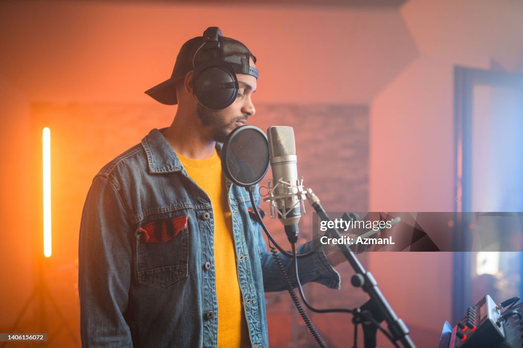 Music Studio Rapper Young Hip Hop Singer Recording Music In Recording Studio High-Res Stock ...