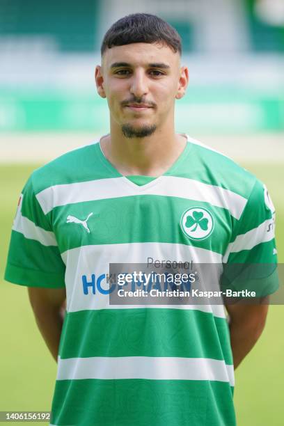 Oualid Mhamdi of SpVgg Greuther Fürth poses during the team presentation at Sportpark Ronhof Thomas Sommer on June 30, 2022 in Fuerth, Germany.