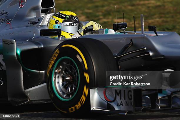 Nico Rosberg of Germany and Mercedes GP drives during day three of Formula One winter testing at the Circuit de Catalunya on March 3, 2012 in...