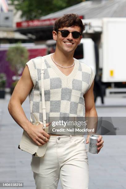 Tom Daley seen leaving Capital Breakfast Radio Studios on July 01, 2022 in London, England.