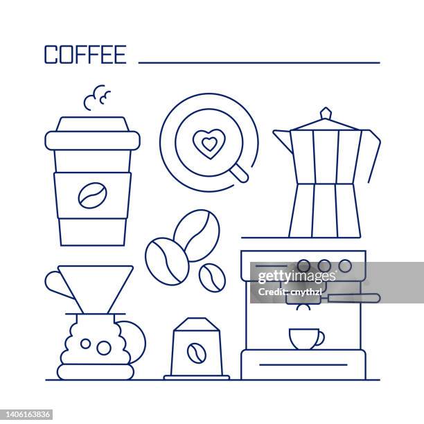 コーヒー関連のデザイン要素。アウトラインアイコンを使用したパターンデザイン。 - カフェラテ点のイラスト素材／クリップアート素材／マンガ素材／アイコン素材