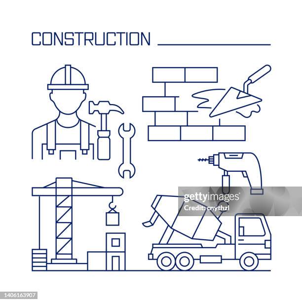construction and buildings related design element. pattern design with outline icons. - architect tools stock illustrations