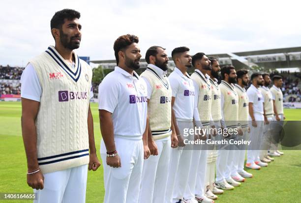 India line up for the national anthems ahead oday one of Fifth LV= Insurance Test Match between England and India at Edgbaston on July 01, 2022 in...