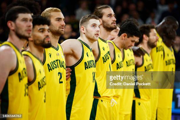 Australia observe the national anthem before the FIBA World Cup Asian Qualifier match between Japan and the Australian Boomers at John Cain Arena on...