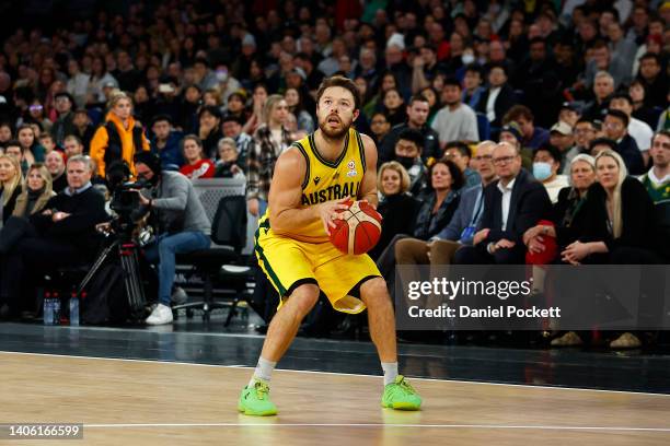 Matthew Dellavedova of Australia shoots from the arc during the FIBA World Cup Asian Qualifier match between Japan and the Australian Boomers at John...