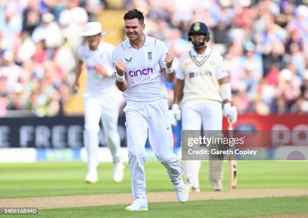 James Anderson of England celebrates dismissing Shubman Gill of India during day one of Fifth LV= Insurance Test Match between England and India at...