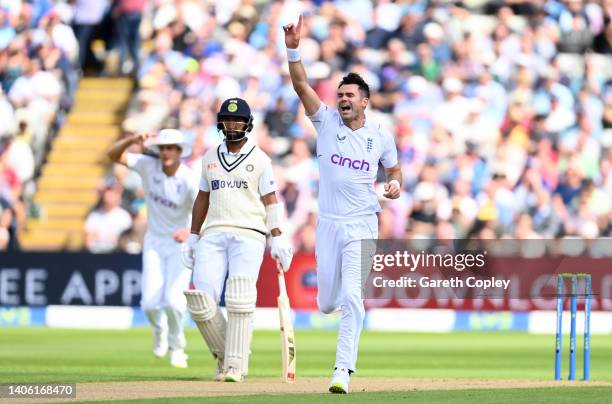 James Anderson of England celebrates dismissing Shubman Gill of India during day one of Fifth LV= Insurance Test Match between England and India at...