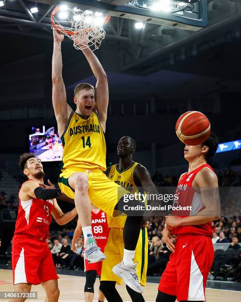 Jack White of Australia dunks during the FIBA World Cup Asian Qualifier match between Japan and the Australian Boomers at John Cain Arena on July 01,...