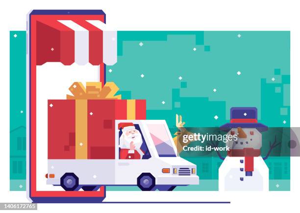 santa claus driving van and carrying big gift on smartphone - snowman car stock illustrations