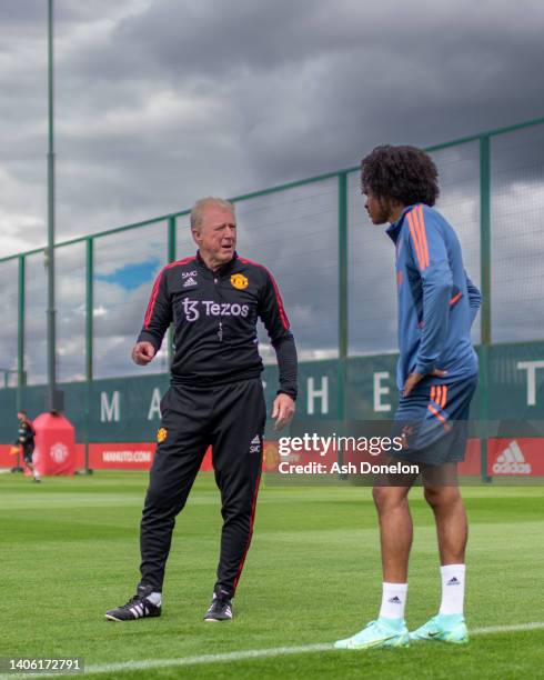 Coach Steve McClaren and Tahith Chong of Manchester United in action during a first team training session at Carrington Training Ground on June 30,...