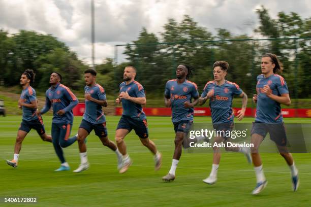 Zidane Iqbal, Anthony Martial, Jadon Sancho, Luke Shaw, Aaron Wan-Bissaka, Alejandro Garnacho, Alvaro Fernandez of Manchester United in action during...