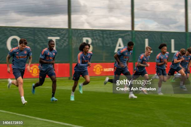 Victor Lindelof, Axel Tuanzebe, Tahith Chong, Marcus Rashford, Ethan Galbraith, Shola Shoretire of Manchester United in action during a first team...