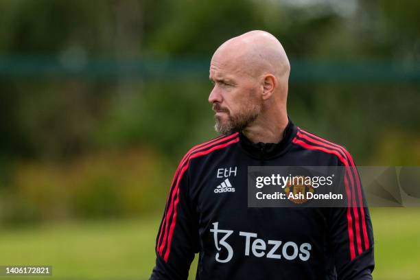 Manager Erik ten Hag of Manchester United in action during a first team training session at Carrington Training Ground on June 30, 2022 in...