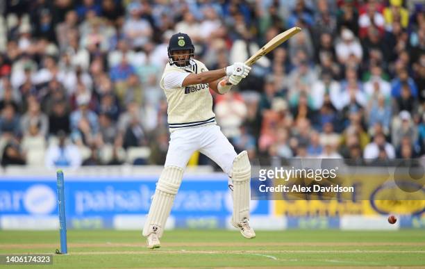 Cheteshwar Pujara of India bats during Day One of the Fifth Lv= Insurance Test Match at Edgbaston on July 01, 2022 in Birmingham, England.