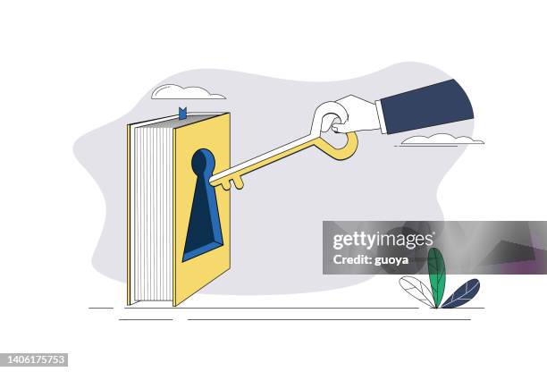 open the book with the key. - hand holding open book stock illustrations