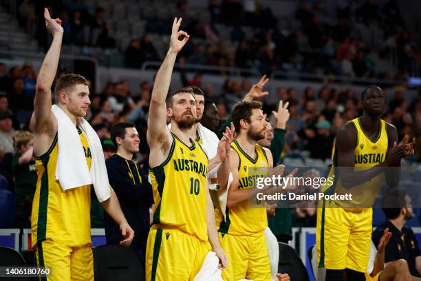Australia players celebrate a three pointer from the bench during the FIBA World Cup Asian Qualifier match between Japan and the Australian Boomers...
