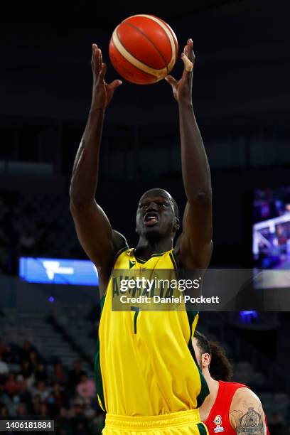 Thon Maker of Australia rebounds the ball during the FIBA World Cup Asian Qualifier match between Japan and the Australian Boomers at John Cain Arena...