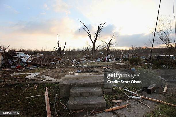 The foundation of a home is all that remains after it was destroyed by yesterday's tornado March 3, 2012 in Henryville, Indiana. Dozens of people...