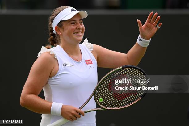 Jelena Ostapenko of Latvia celebrates winning match point against Irina-Camelia Begu of Romania during their Women's Singles Third Round match on day...