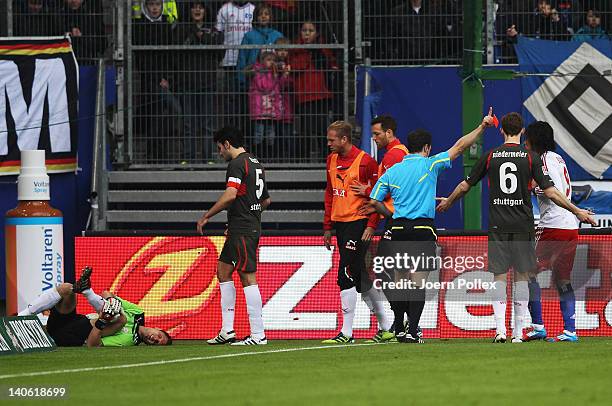 Paolo Guerrero of Hamburg gets the red card from referee Peter Sippel during the Bundesliga match between Hamburger SV and VfB Stuttgart at Imtech...