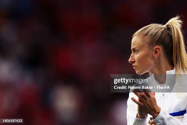 Leah Williamson of England lines up for the national anthem during the Women's International friendly match between Switzerland and England at...