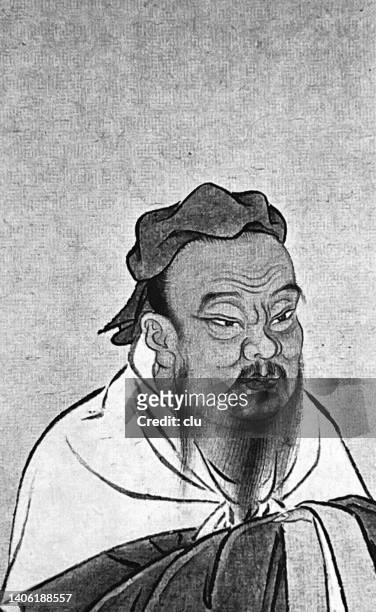 konfuzius-porträt, vorderansicht - serene people stock-grafiken, -clipart, -cartoons und -symbole
