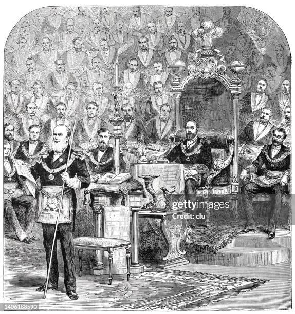 installation of the prince of wales as grand master of the english masons - secret society stock illustrations