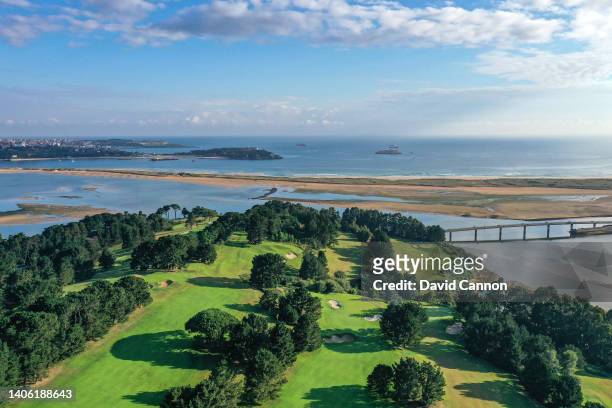 An aerial view looking out to sea of the par 5, ninth hole at Real Golf De Pedrena Golf Club on June 24, 2022 in Pedrena, .