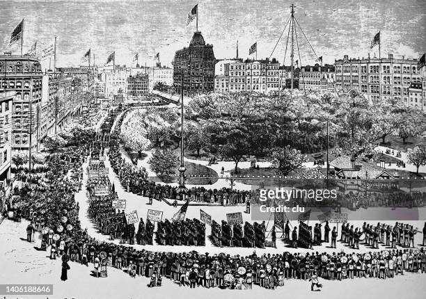 stockillustraties, clipart, cartoons en iconen met new york labor day 1882 - may day international workers day