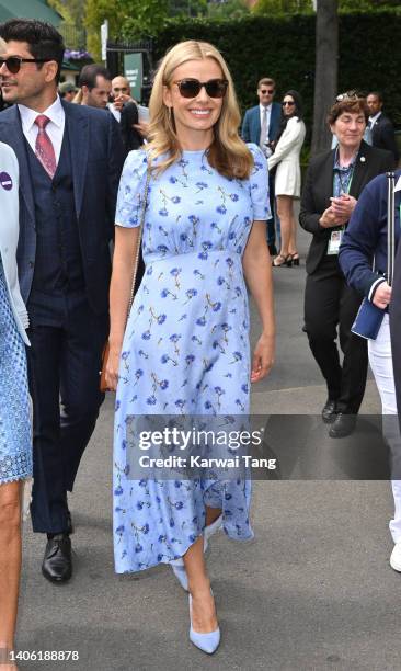 Katherine Jenkins smiles as she attends Day Five of Wimbledon 2022 at the All England Lawn Tennis and Croquet Club on July 01, 2022 in London,...