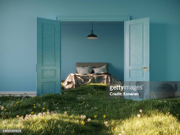 home interior with green lawn - bedroom no people imagens e fotografias de stock
