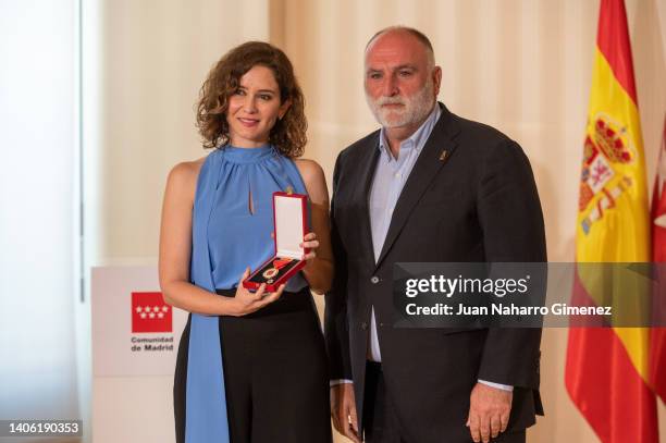 Isabel Diaz Ayuso presents chef Jose Andres with the Golden Medal of Madrid during a ceremony at Real Casa del Reloj on July 01, 2022 in Madrid,...