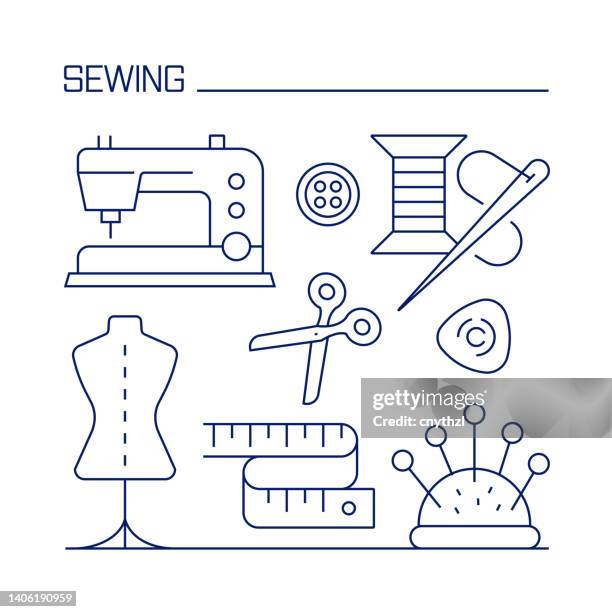 sewing related design element. pattern design with outline icons. - sewing needle stock illustrations