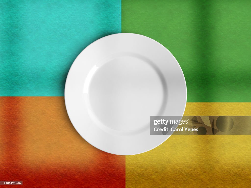 Empty ceramic plate in colorful background Top view