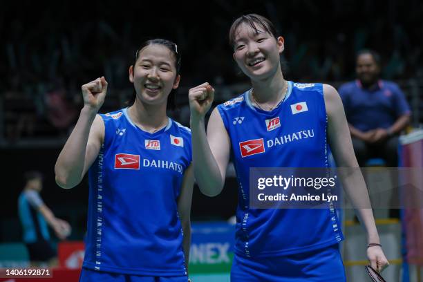 Wakana Nagahara and Mayu Matsumoto of Japan celebrates after winning the Women's Doubles Quarter Finals match against Anna Cheong Ching Yik and Teoh...