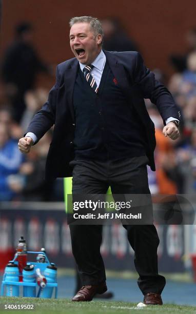 Ally McCoist coach of Rangers reacts during the Clydesdale Bank Scottish Premier League match between Rangers and Hearts at Ibrox Stadium on March 3,...