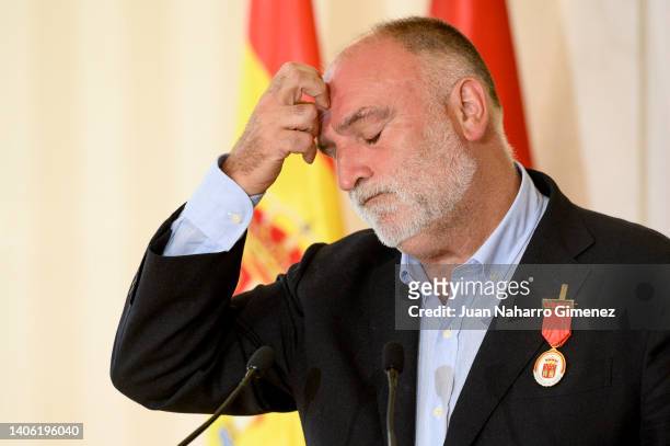 Chef Jose Andres receives the Golden Medal of Madrid during a ceremony at Real Casa del Reloj on July 01, 2022 in Madrid, Spain.