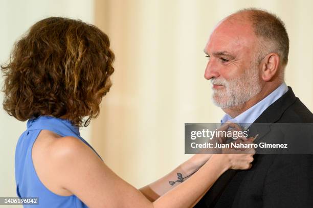 Isabel Diaz Ayuso presents chef Jose Andres with the Golden Medal of Madrid during a ceremony at Real Casa del Reloj on July 01, 2022 in Madrid,...