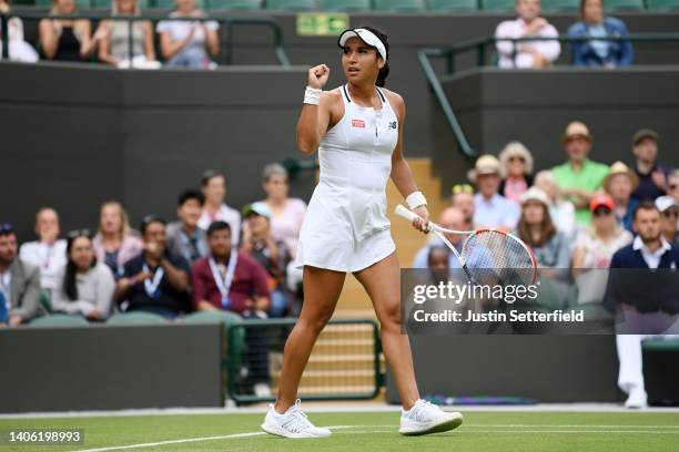 Heather Watson of Great Britain celebrates winning the first set against Kaja Juvan of Slovenia during their Women's Singles Third Round match on day...