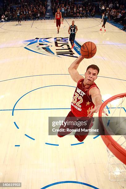 Blake Griffin of the Los Angeles Clippers and the Western Conference dunks during the 2012 NBA All-Star Game at the Amway Center on February 26, 2012...